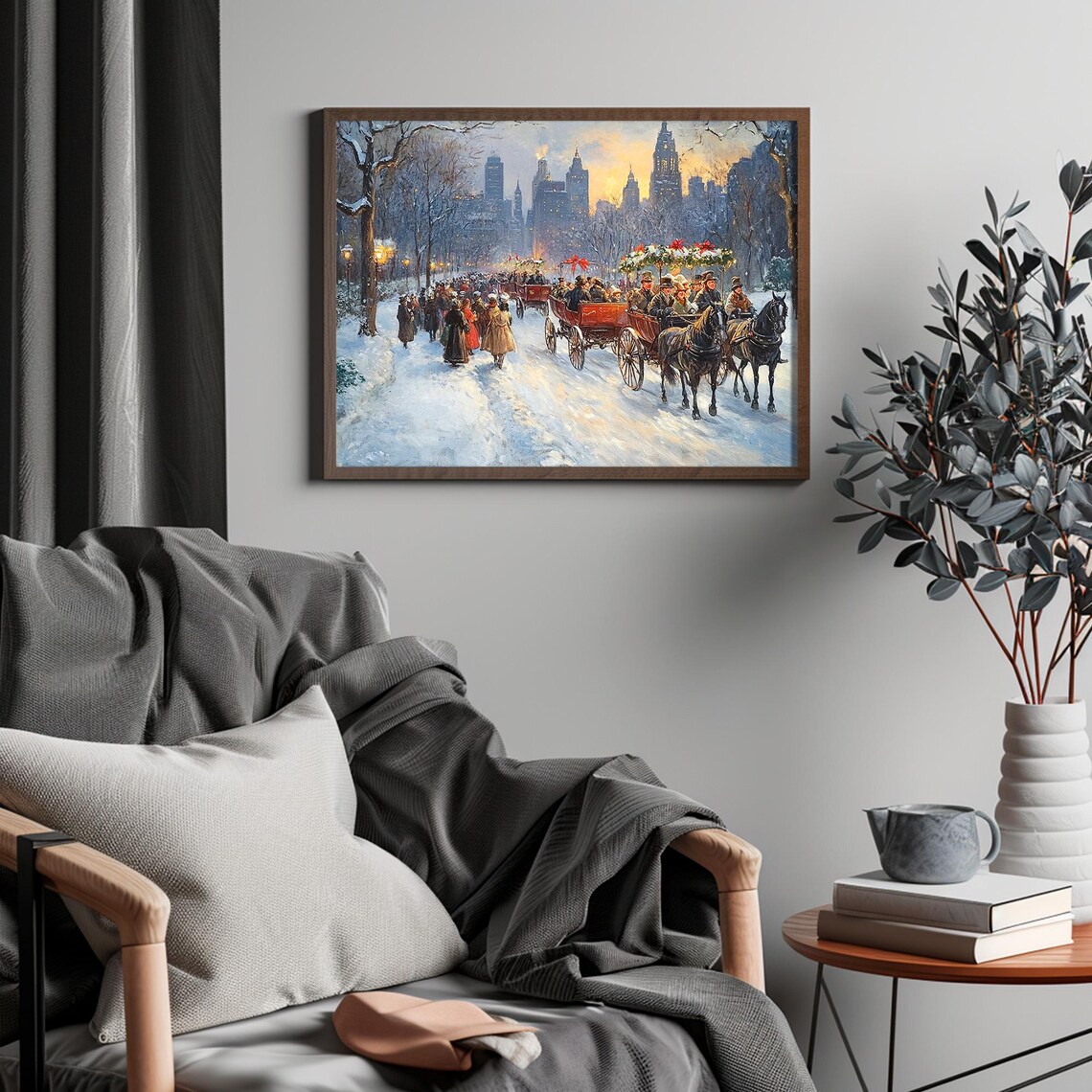 Horse Drawn Winter Carriages In Snow With Glowing City Skyline Poster - Image 4
