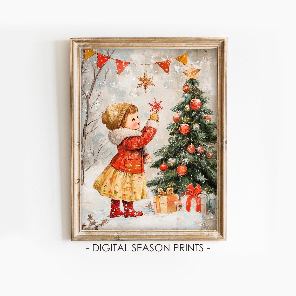 Little Girl Decorating a Christmas Tree Retro Storybook Holiday Poster