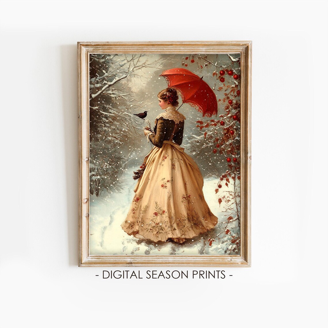 Victorian Lady with Red Umbrella Snowy Winter Garden Painting Poster