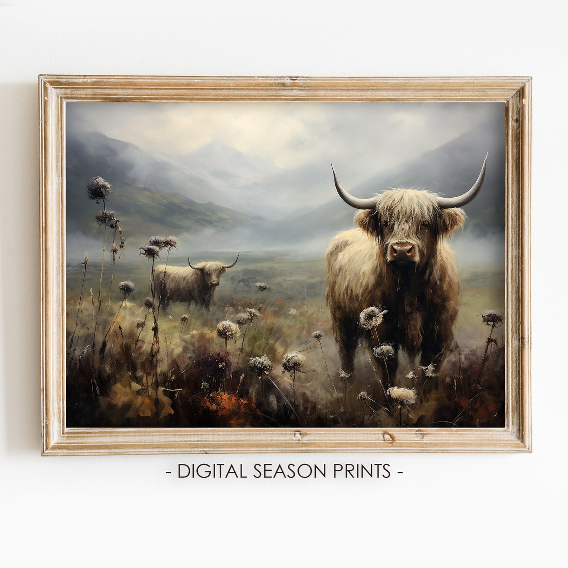 Highland Cows in Misty Meadow Vintage Scottish Landscape Poster