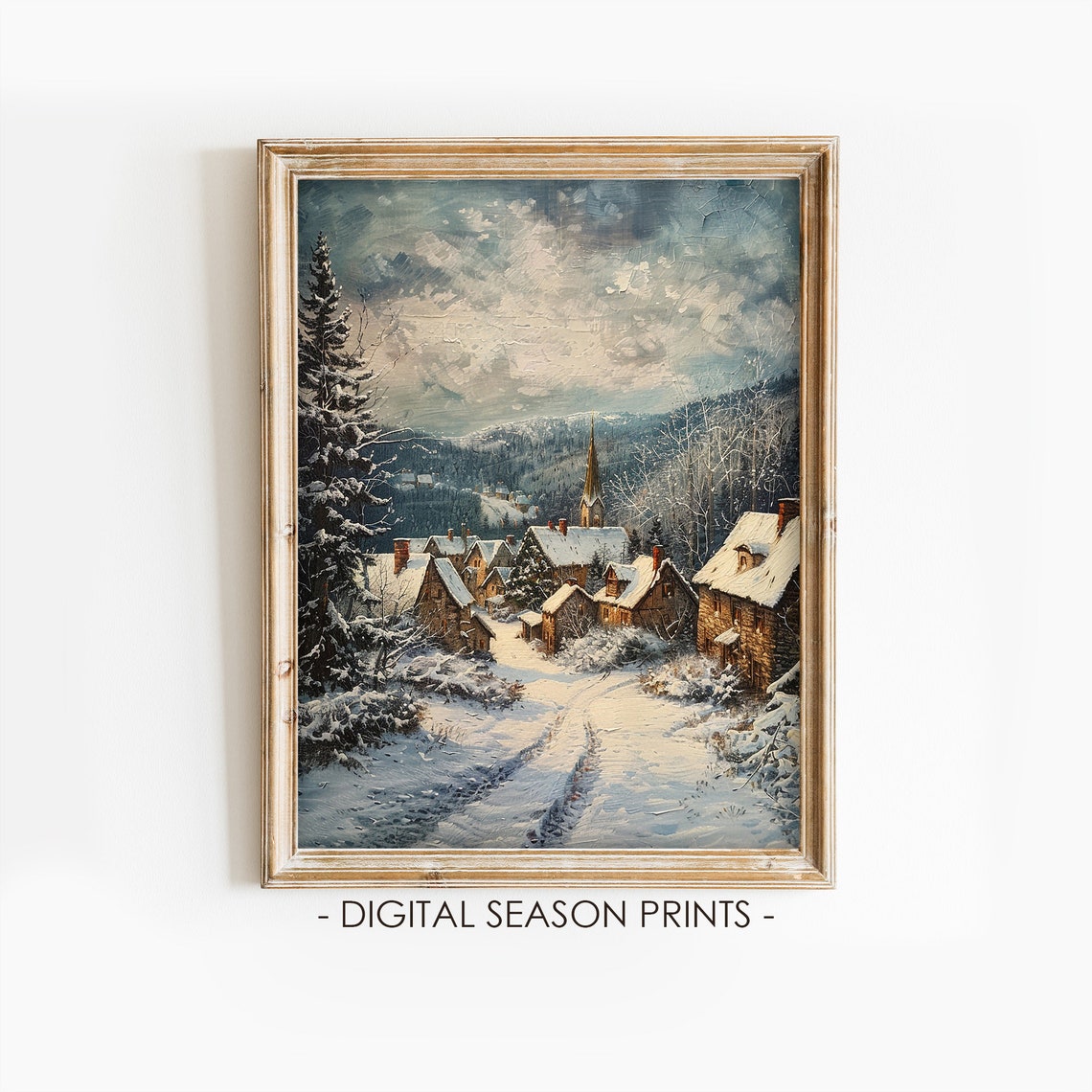 Mountain Village Church Snowy Pines Moody Winter Scene Poster
