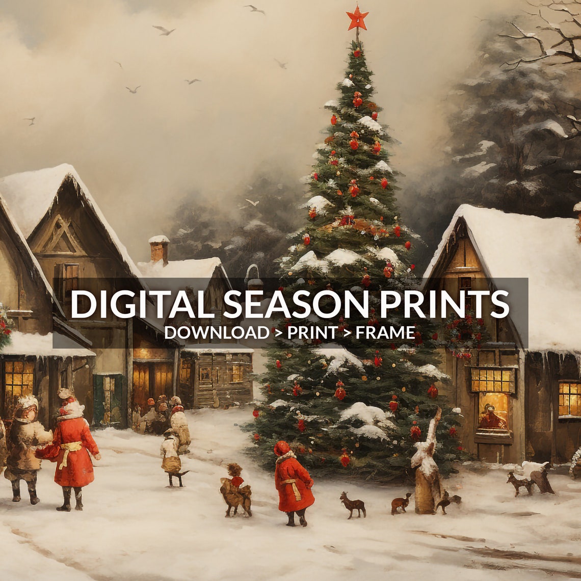 Snowy Christmas Village Square With A Tall Lit Tree Scene Poster - Image 6