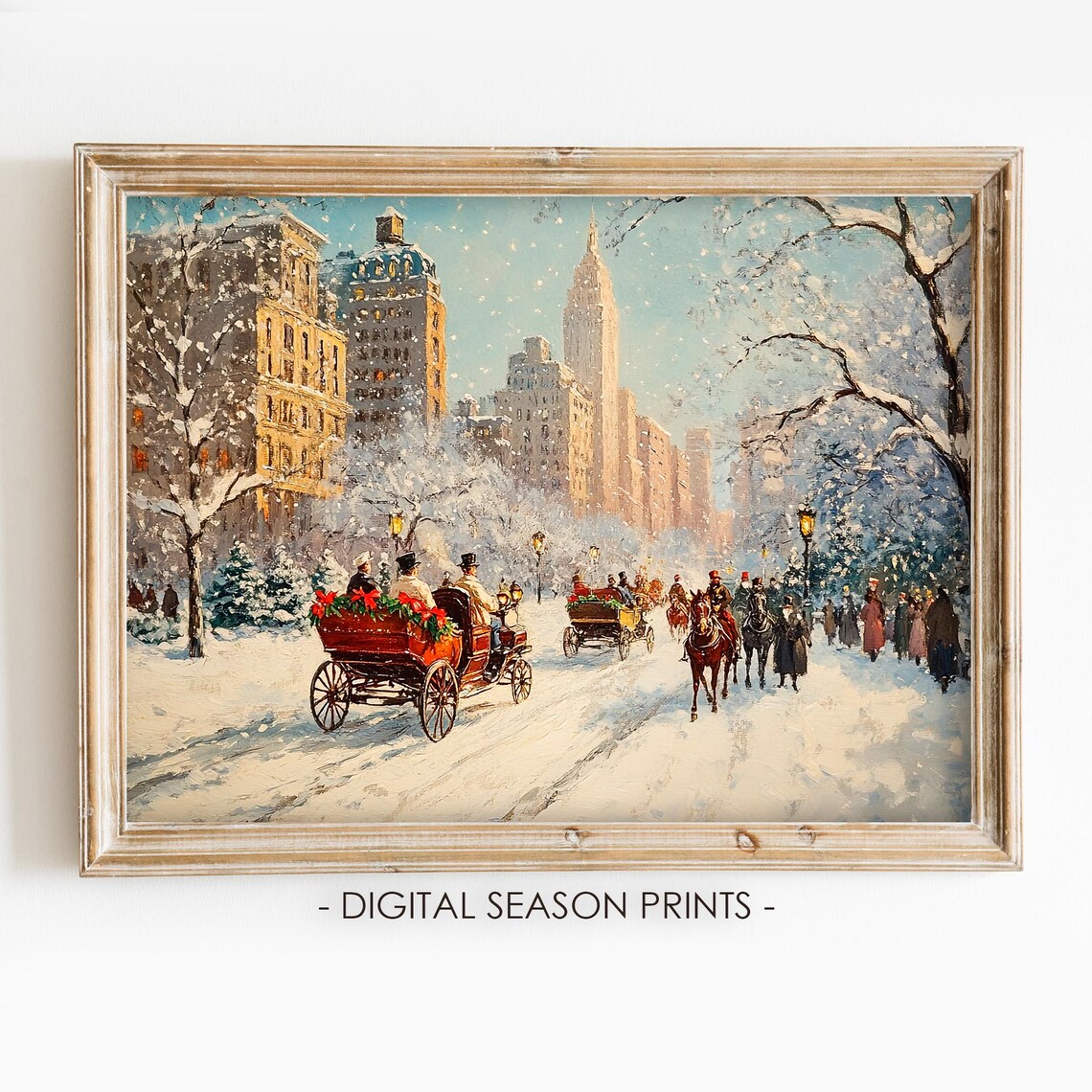 Vintage Snowy City Street Horse Carriages Christmas Painting Poster