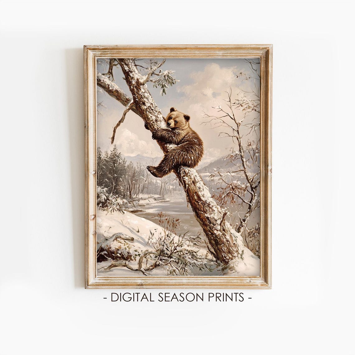 Rustic Winter Bear Cub Climbing Snowy Tree Vintage Forest Poster