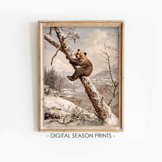 Rustic Winter Bear Cub Climbing Snowy Tree Vintage Forest Poster
