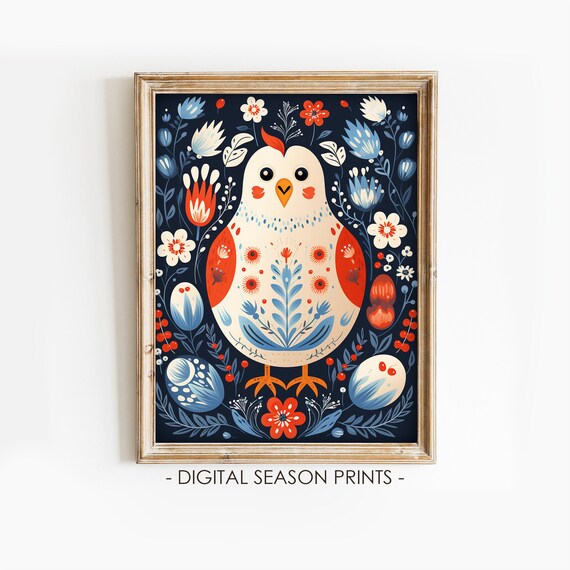 Scandinavian Folk Art Rooster Floral Navy Colorful Kitchen Art Print