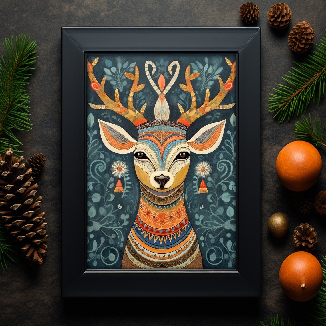 Colorful Folk Art Deer Portrait with Patterned Antlers Print - Image 3