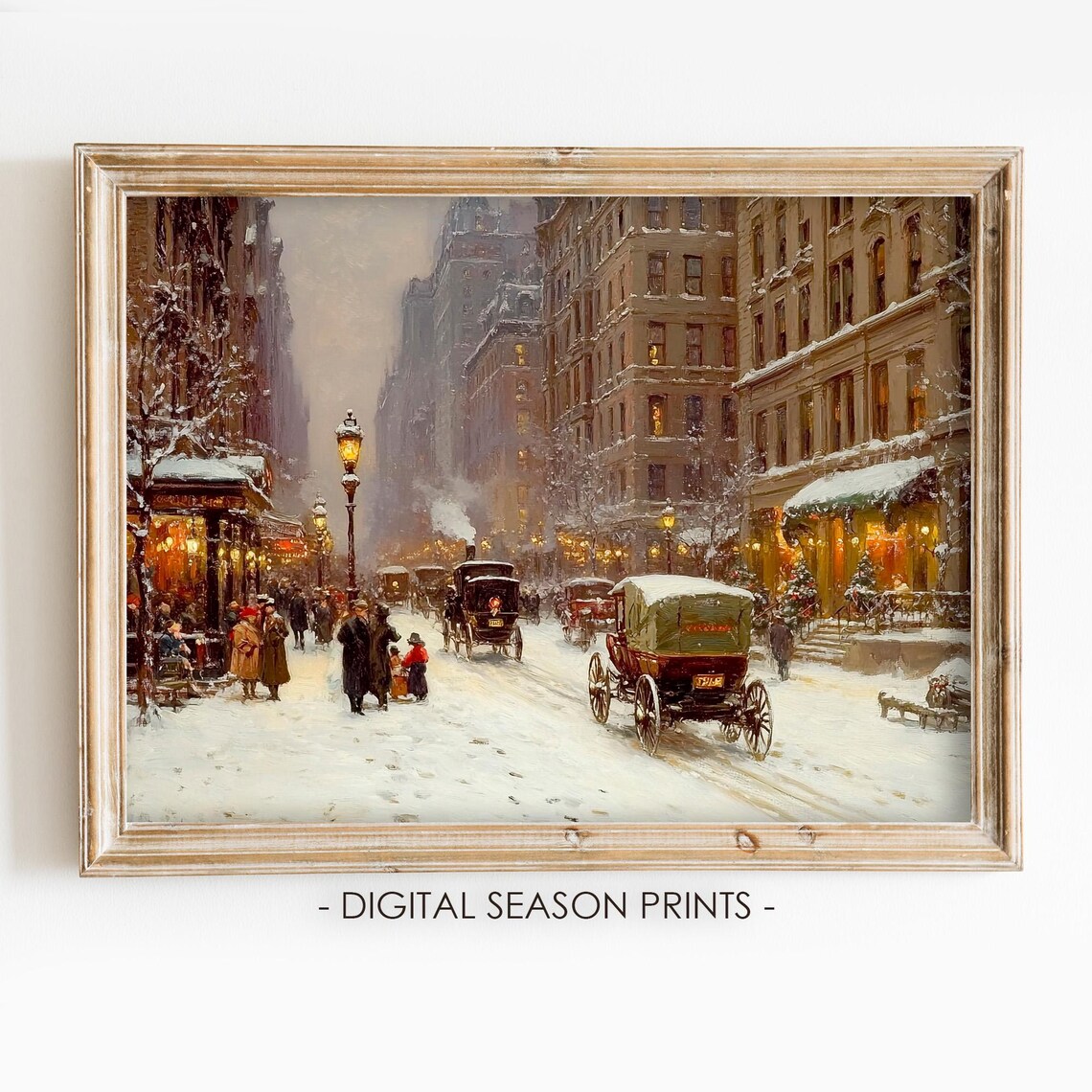Old New York City Winter Street Horse Carriages Snowy Vintage Print