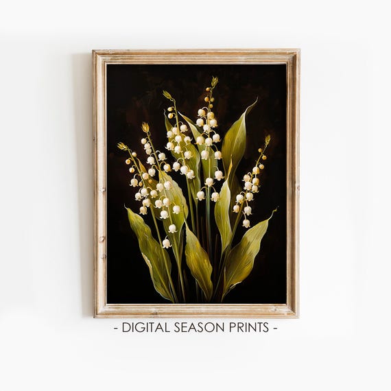 Lilies Of The Valley Moody Wall Art Floral Vintage Flower Still Life Dark Academia Decor Antique Dark Oil Painting