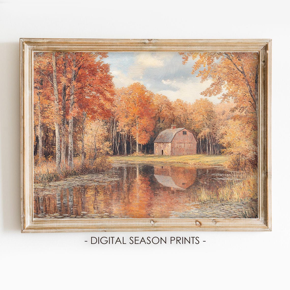 Red Barn by an Autumn Pond Fall Reflection Vintage Landscape Poster