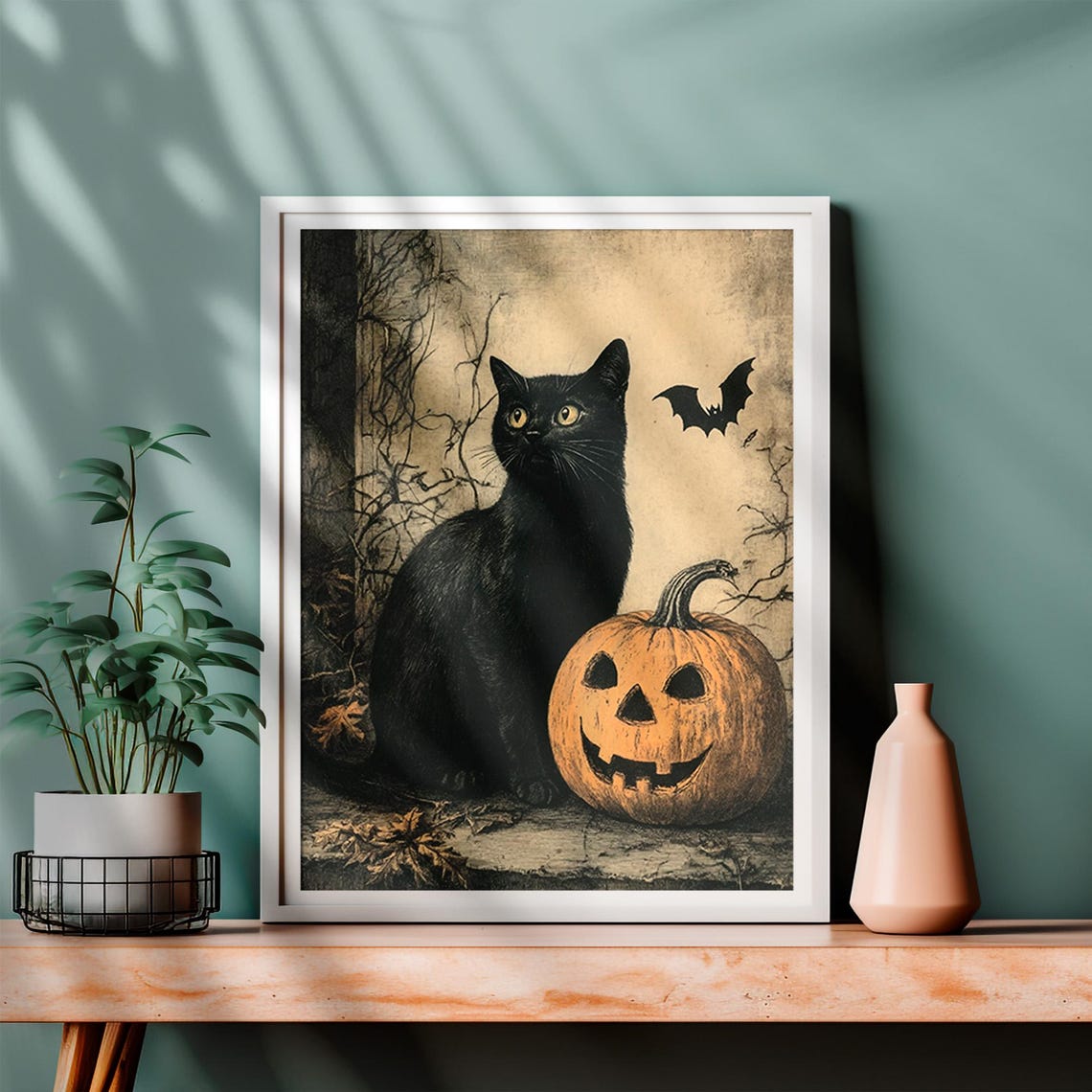 Black Cat Jack O Lantern Bat Vintage Halloween Spooky Art Poster - Image 4