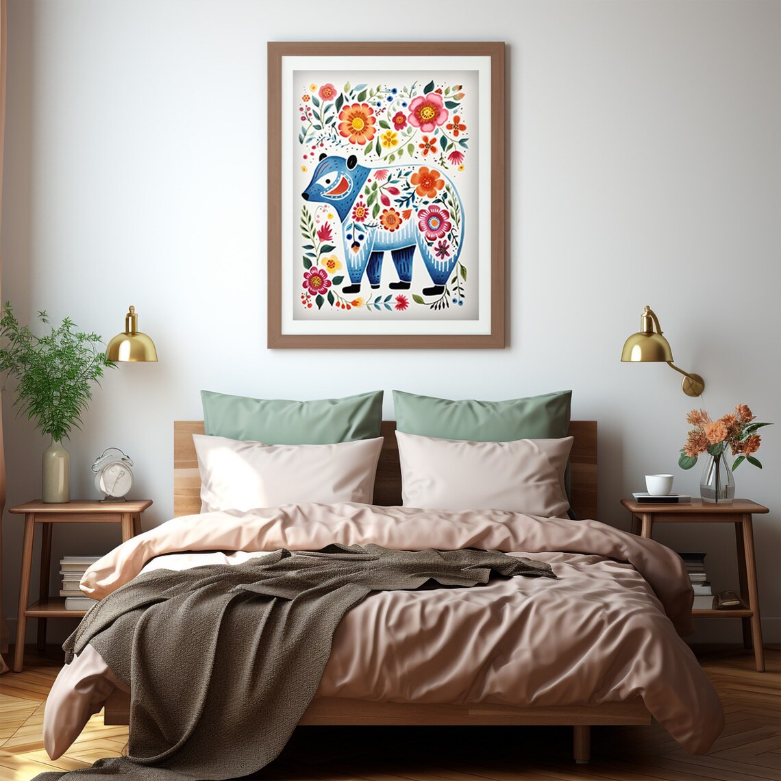 Scandinavian Folk Art Blue Bear Flowers Nordic Style Animal Poster - Image 5
