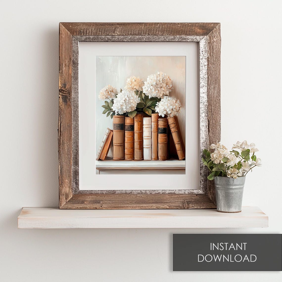 Vintage Books with White Hydrangeas Rustic Shelf Painting Poster - Image 6