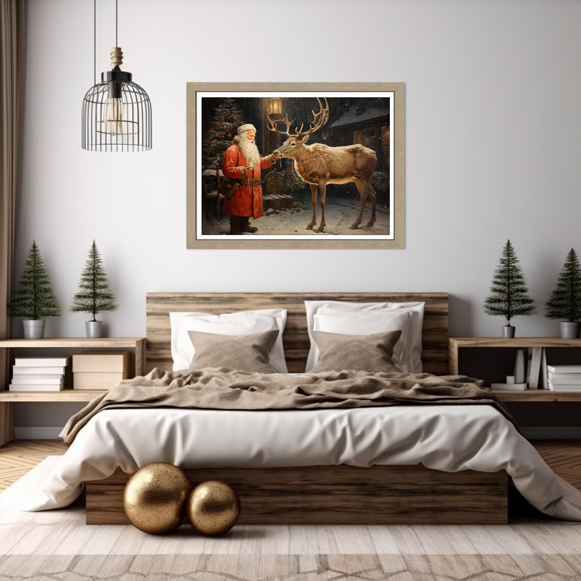 Santa Claus Feeding A Reindeer On A Snowy Night Scene Poster - Image 4