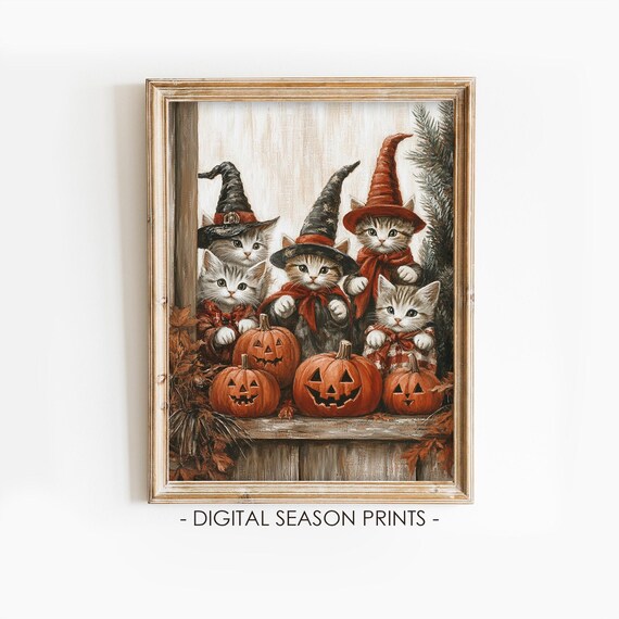 Witch Hat Kittens Jack O Lanterns Vintage Halloween Cat Costume Poster