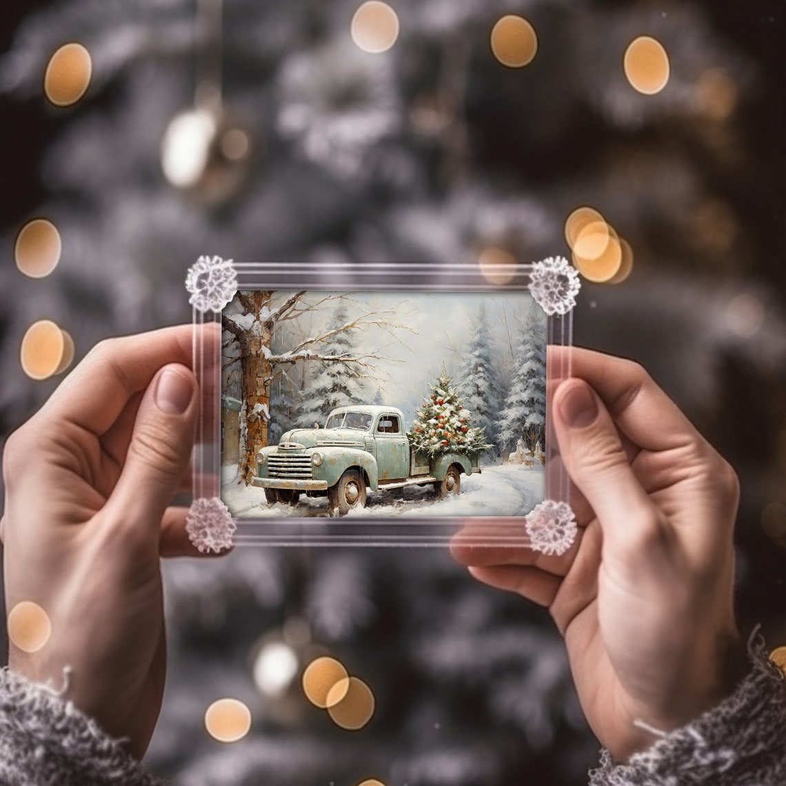 Vintage Pickup Truck Hauling Christmas Tree Snowy Winter Road Poster - Image 3