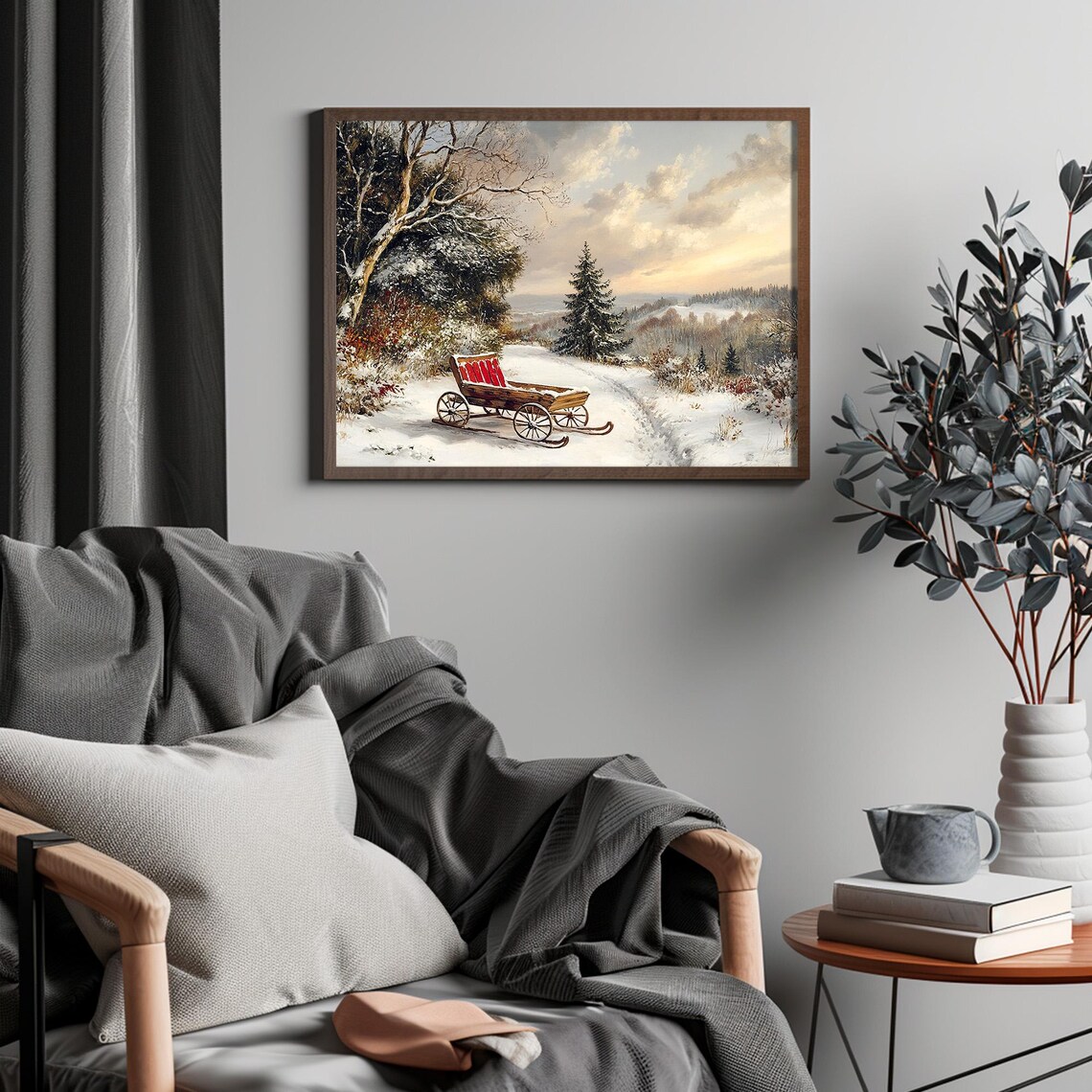 Vintage Wooden Sled Snowy Forest Path Winter Wonderland Poster - Image 4
