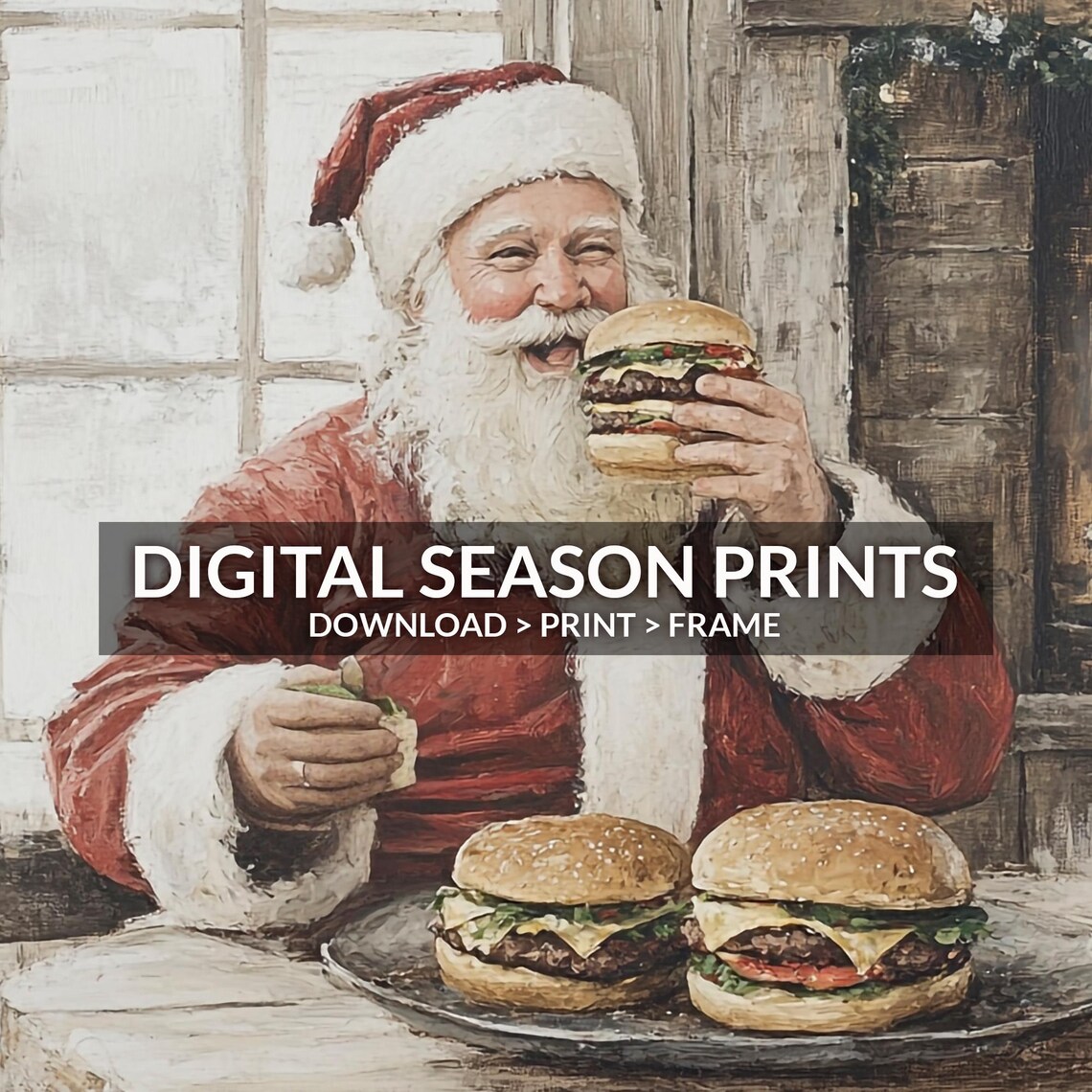 Santa Claus Eating Burgers Rustic Cabin Christmas Holiday Print - Image 6