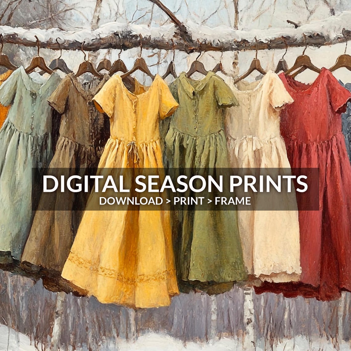 Colorful Dresses Hanging on a Snowy Winter Branch Rustic Art Poster - Image 6