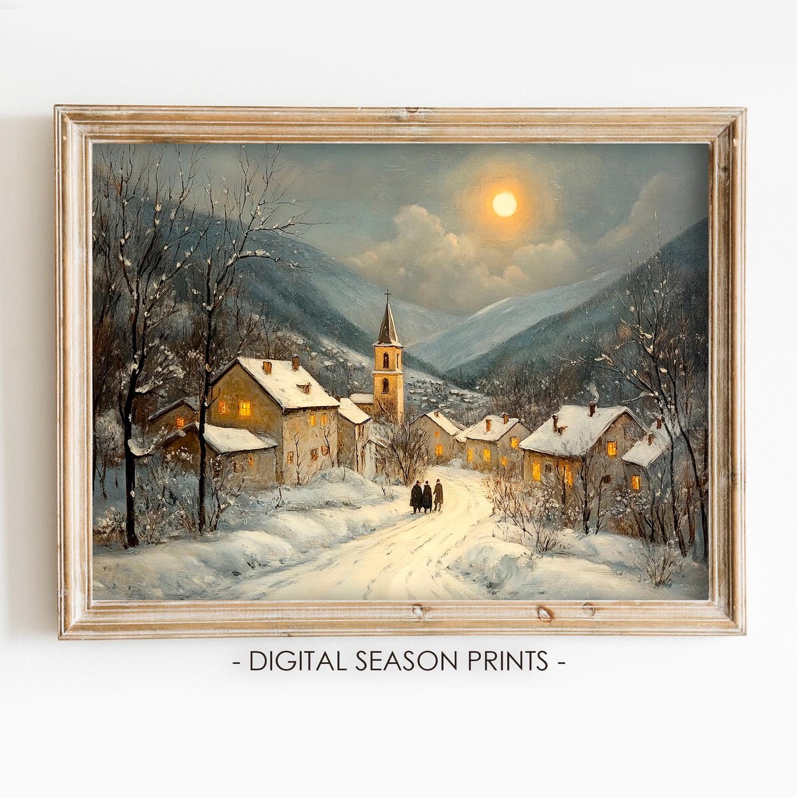 Moonlit Snowy Alpine Village with Glowing Windows Christmas Poster