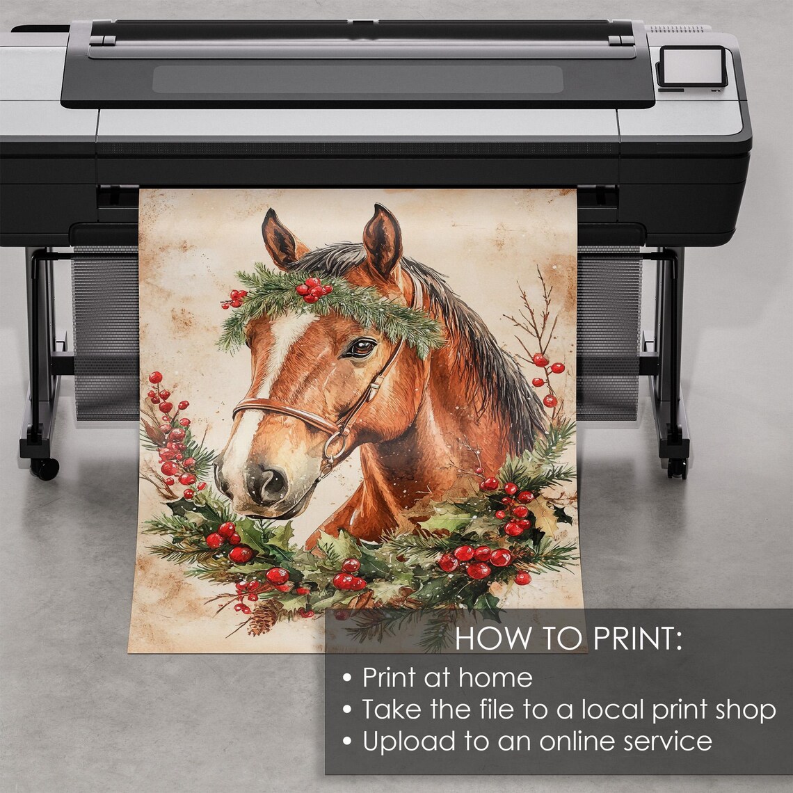 Horse Portrait Wearing a Holly Berry Wreath Watercolor Holiday Poster - Image 5