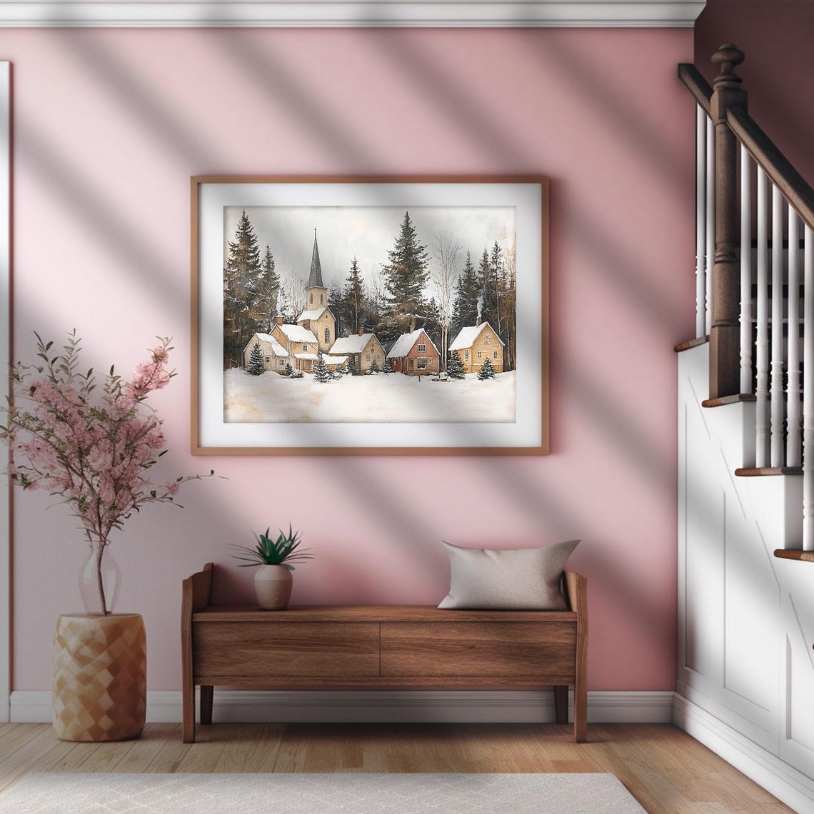 Winter Country Church Print Vintage Christmas Wall Art Snowy Landscape Painting Farmhouse Wall Decor Scandinavian Village - Image 2
