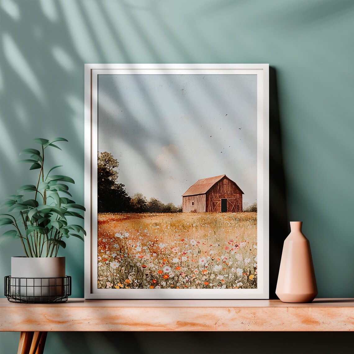 Red Barn Wildflower Meadow Summer Farmhouse Country Landscape Poster - Image 4