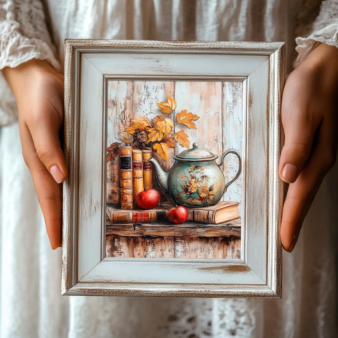 Vintage Floral Teapot With Old Books And Apples Autumn Poster - Image 3