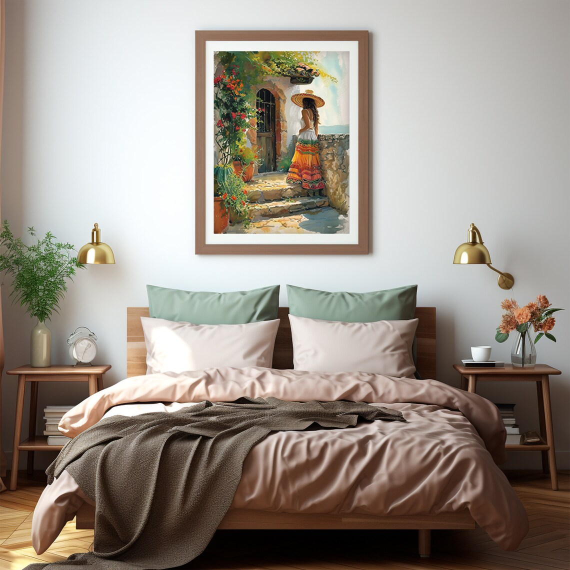 Mexican Woman in Sombrero at Seaside Terrace Watercolor Print - Image 5