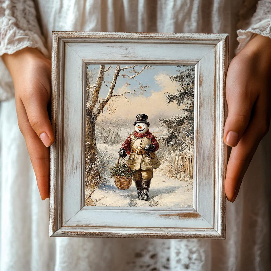 Jolly Snowman In A Top Hat Carrying Greens Along A Snowy Path Poster - Image 3