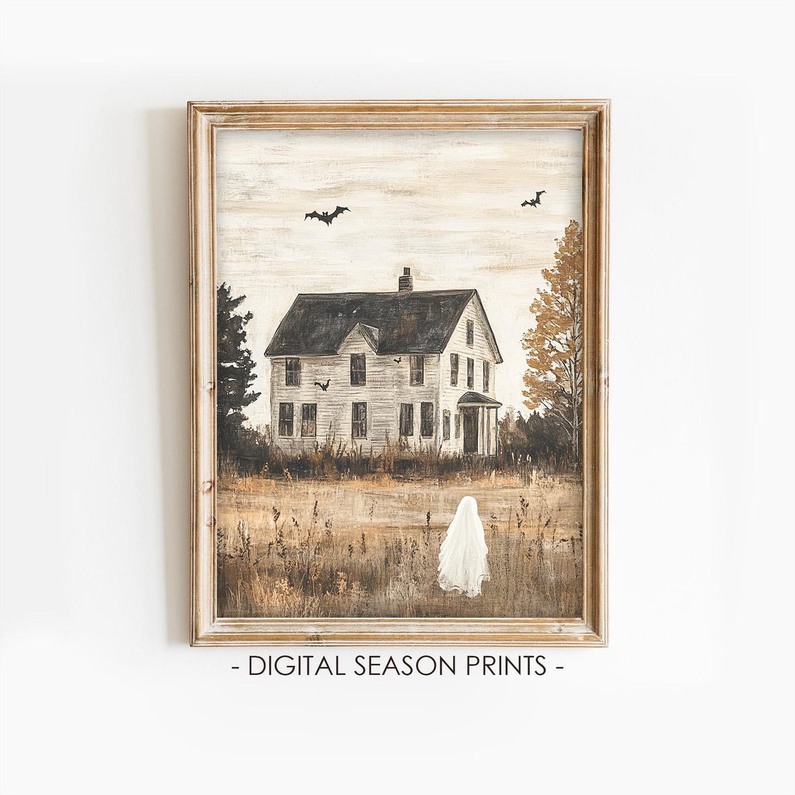 Haunted Farmhouse with Bats and a Lone Ghost Vintage Halloween Poster