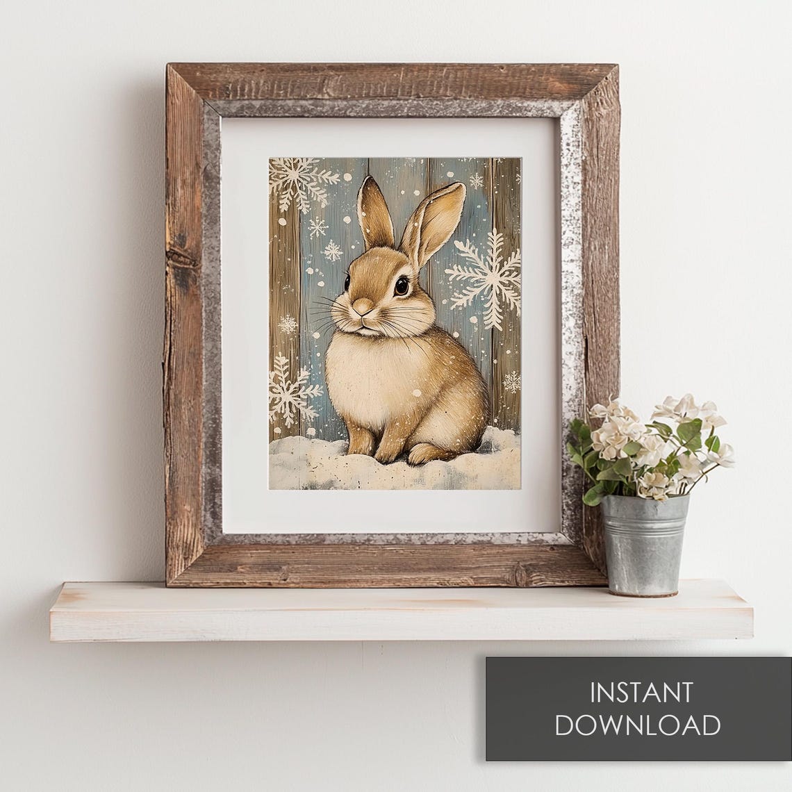 Cute Winter Bunny In Snow With Snowflake Rustic Background Poster - Image 6