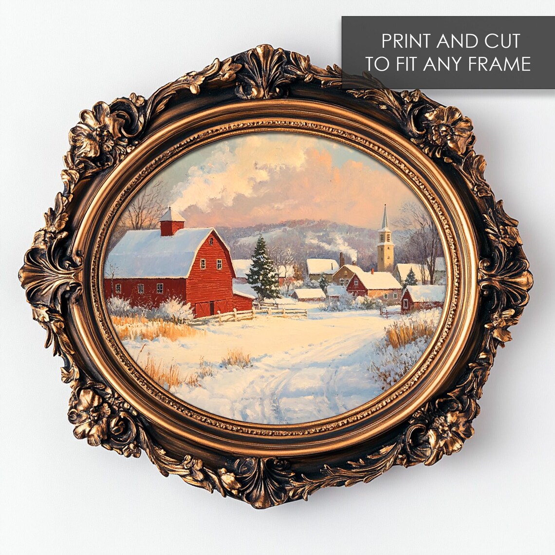 Red Barn Snowy Village Sunrise Winter Farm Countryside Poster - Image 5
