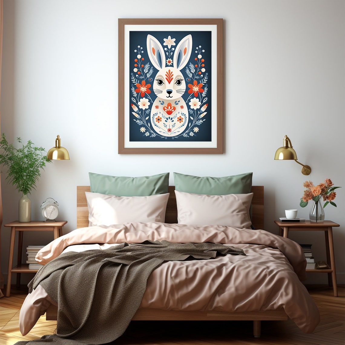 Scandinavian Folk Art Bunny Rabbit Floral Navy Woodland Art Print - Image 5
