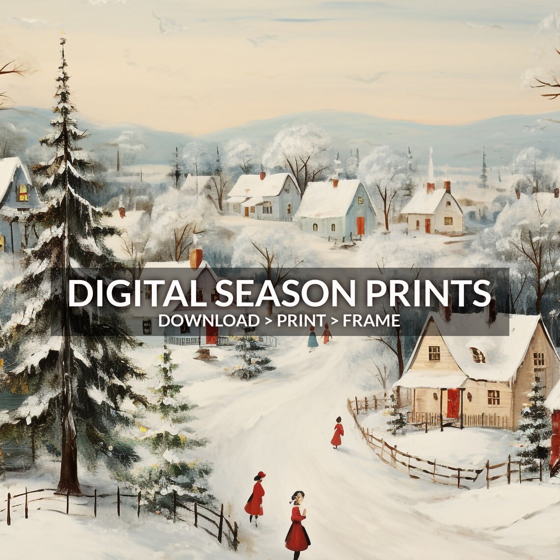 Snowy Village Children Red Coats Church Vintage Christmas Art Print - Image 6