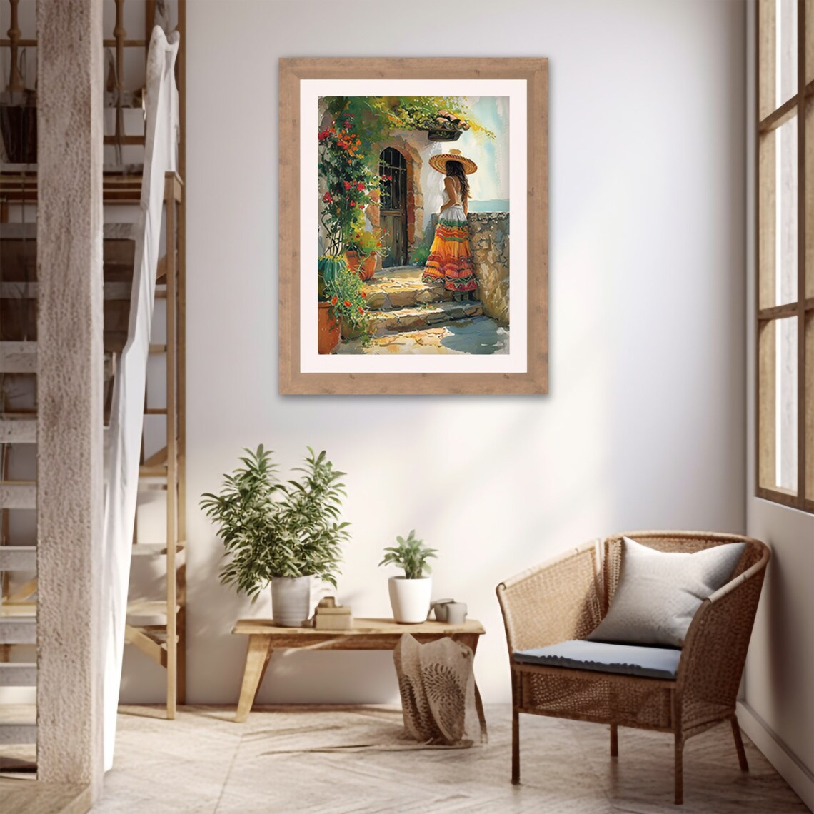 Mexican Woman in Sombrero at Seaside Terrace Watercolor Print - Image 3
