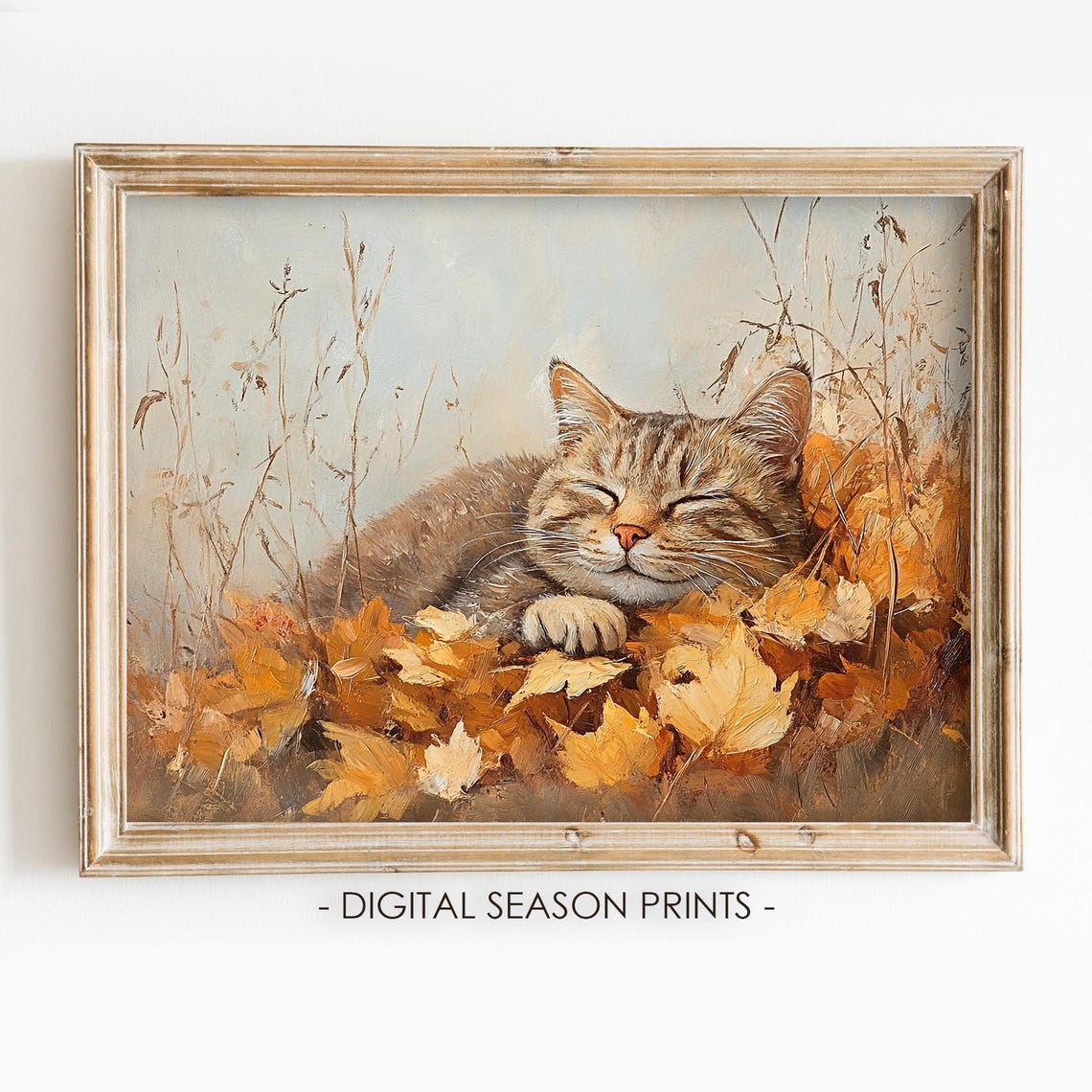 Sleeping Tabby Cat In Autumn Leaves Vintage Oil Painting Print