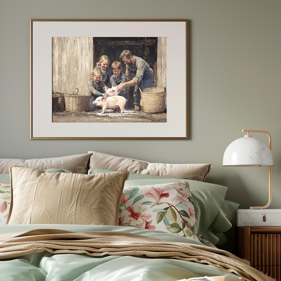 Family Washing Piglets at Barn Door Vintage Farm Life Painting Poster - Image 4