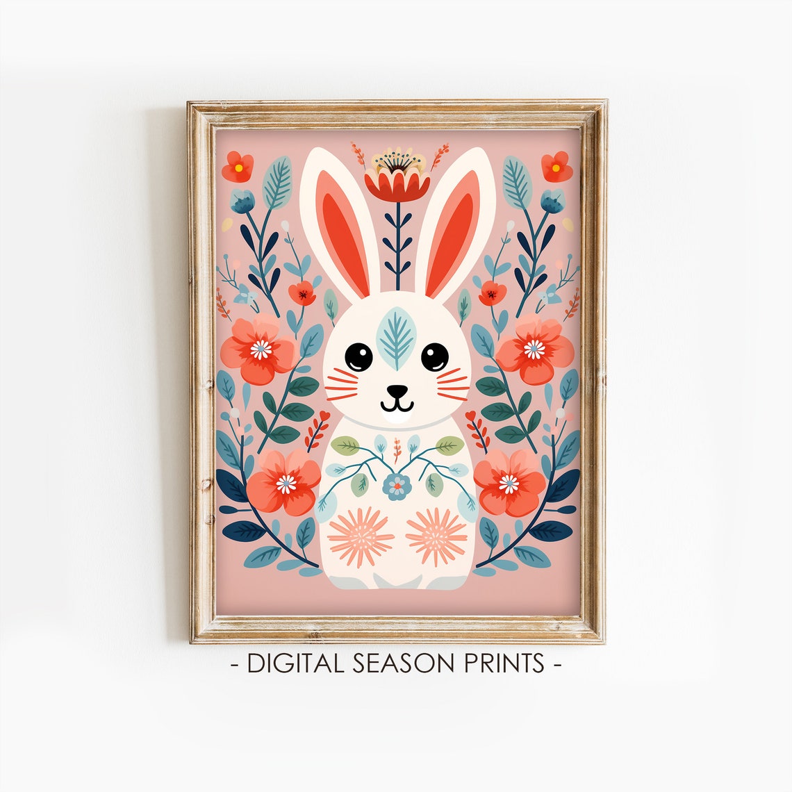 Cute Folk Art Bunny Rabbit Pink Floral Nursery Kids Room Art Print