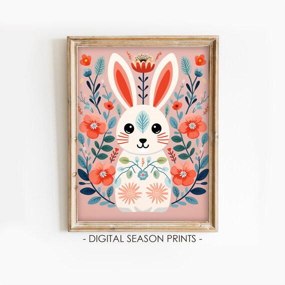 Cute Folk Art Bunny Rabbit Pink Floral Nursery Kids Room Art Print
