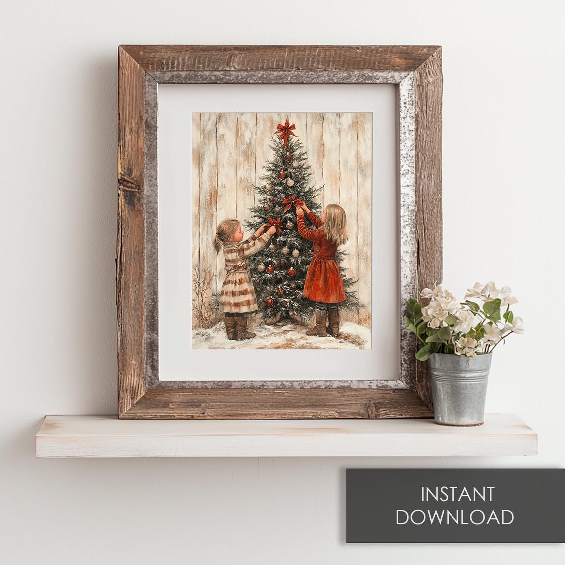 Two Girls Decorating a Christmas Tree with Red Bows Rustic Poster - Image 6