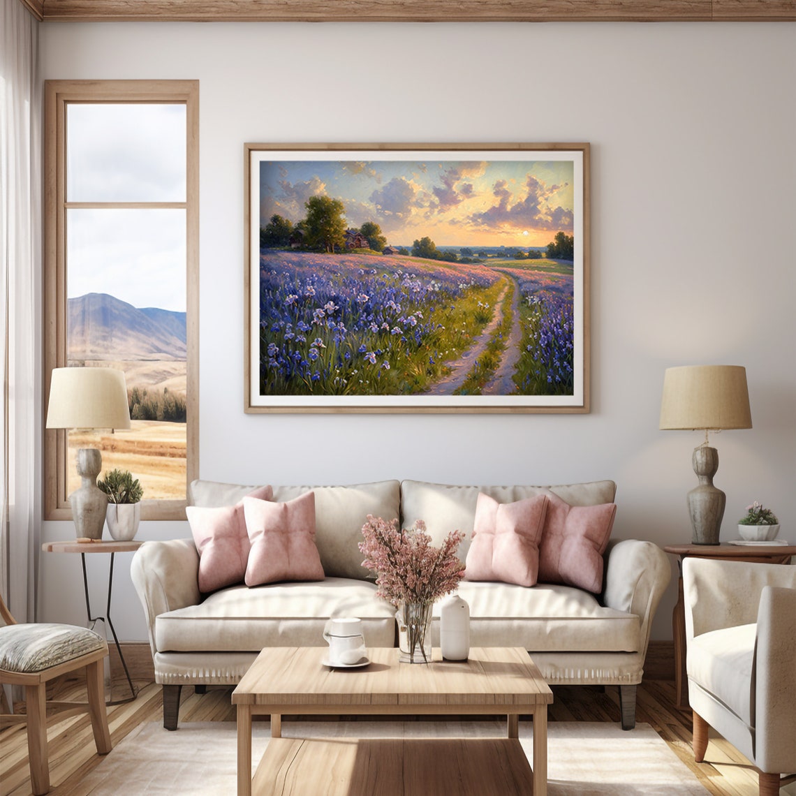 Evening at the Iris Field Purple Flowers Sunset Landscape Poster - Image 5