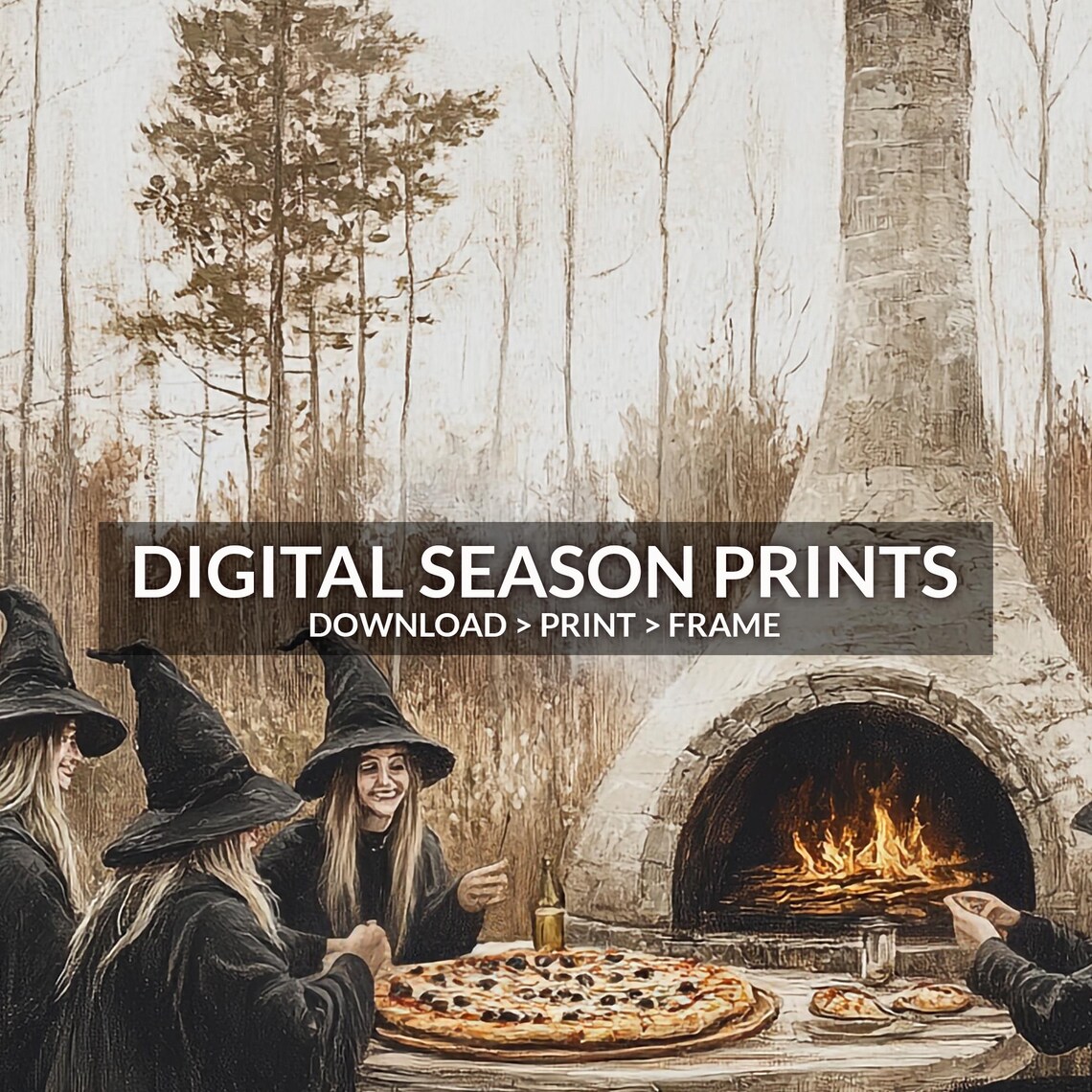 Witches Eating Pizza Outdoor Fireplace Halloween Cottagecore Art Poster - Image 6