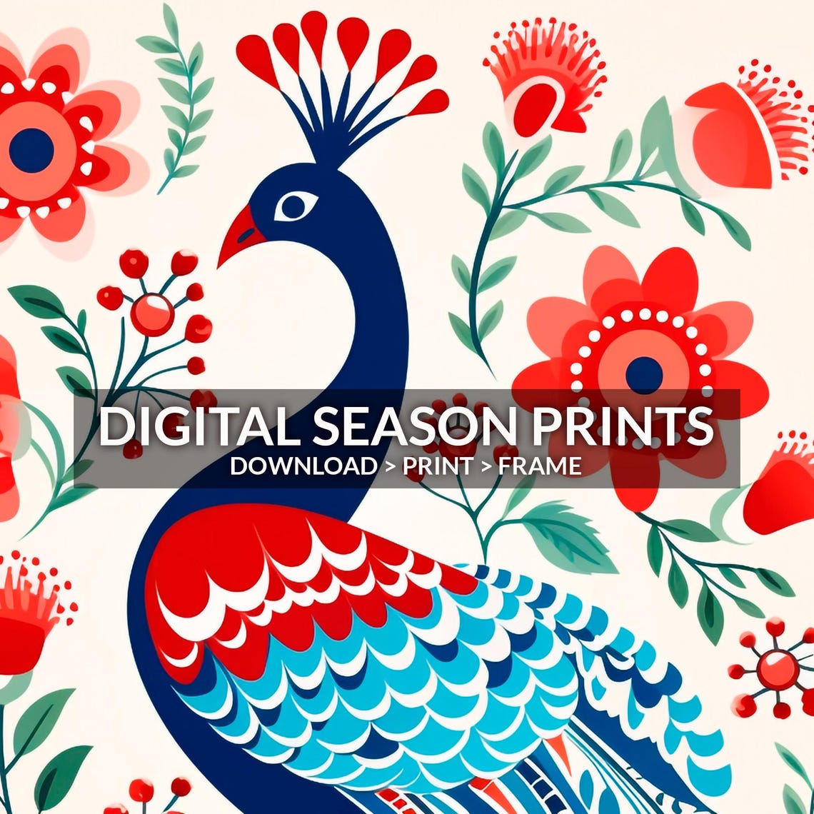 Nordic Scandinavian Folk Art Peacock Navy Red Floral Wall Art - Image 4