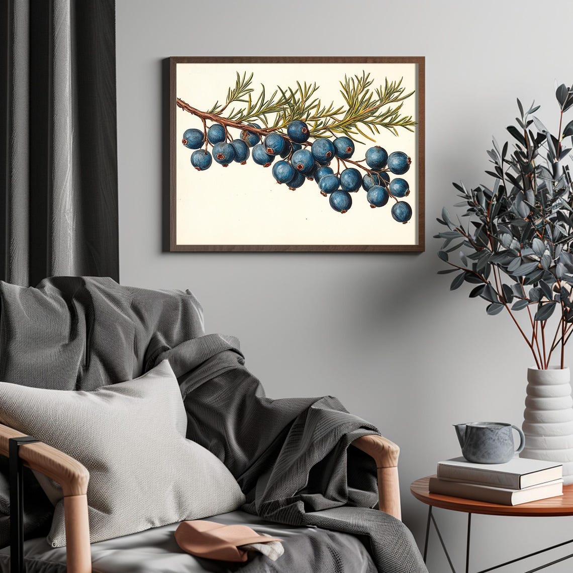 Vintage Blue Berry Branch Botanical Illustration Holiday Wall Art - Image 4