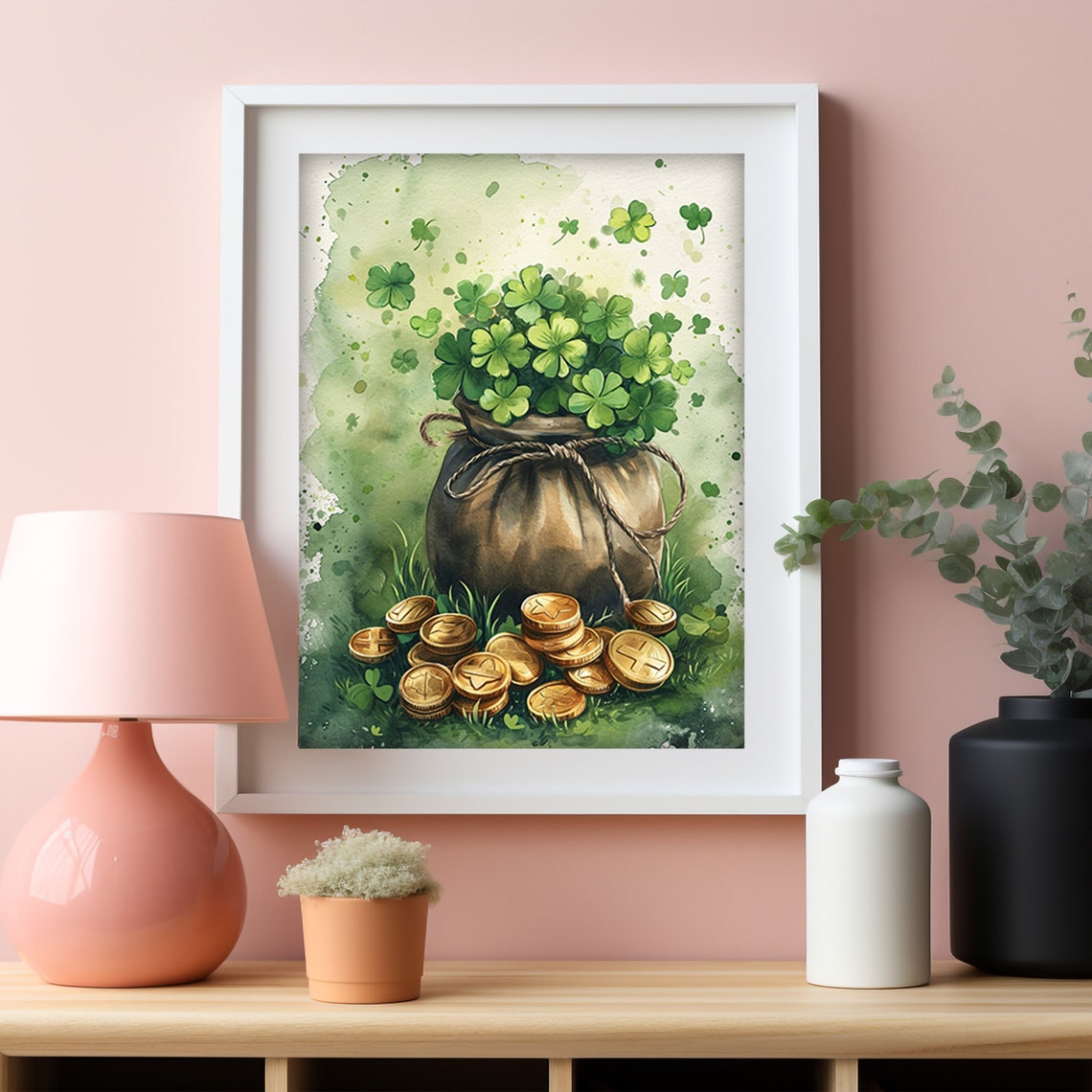 St Patricks Day Shamrock Sack Gold Coins Watercolor Lucky Print - Image 5