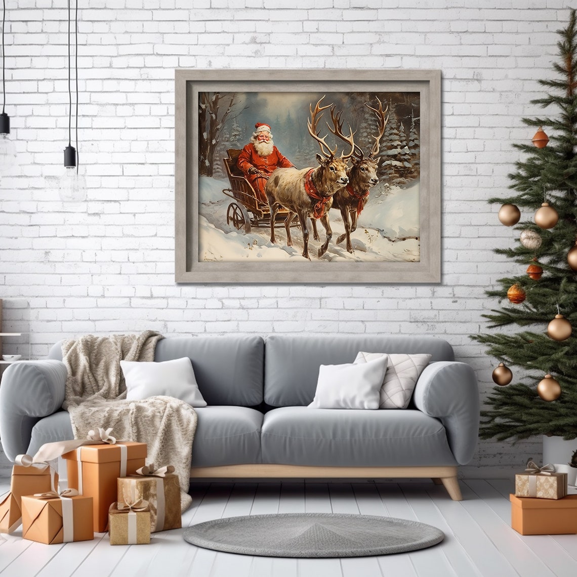 Vintage Santa Claus Sleigh Ride Reindeer Team Snowy Forest Poster - Image 3
