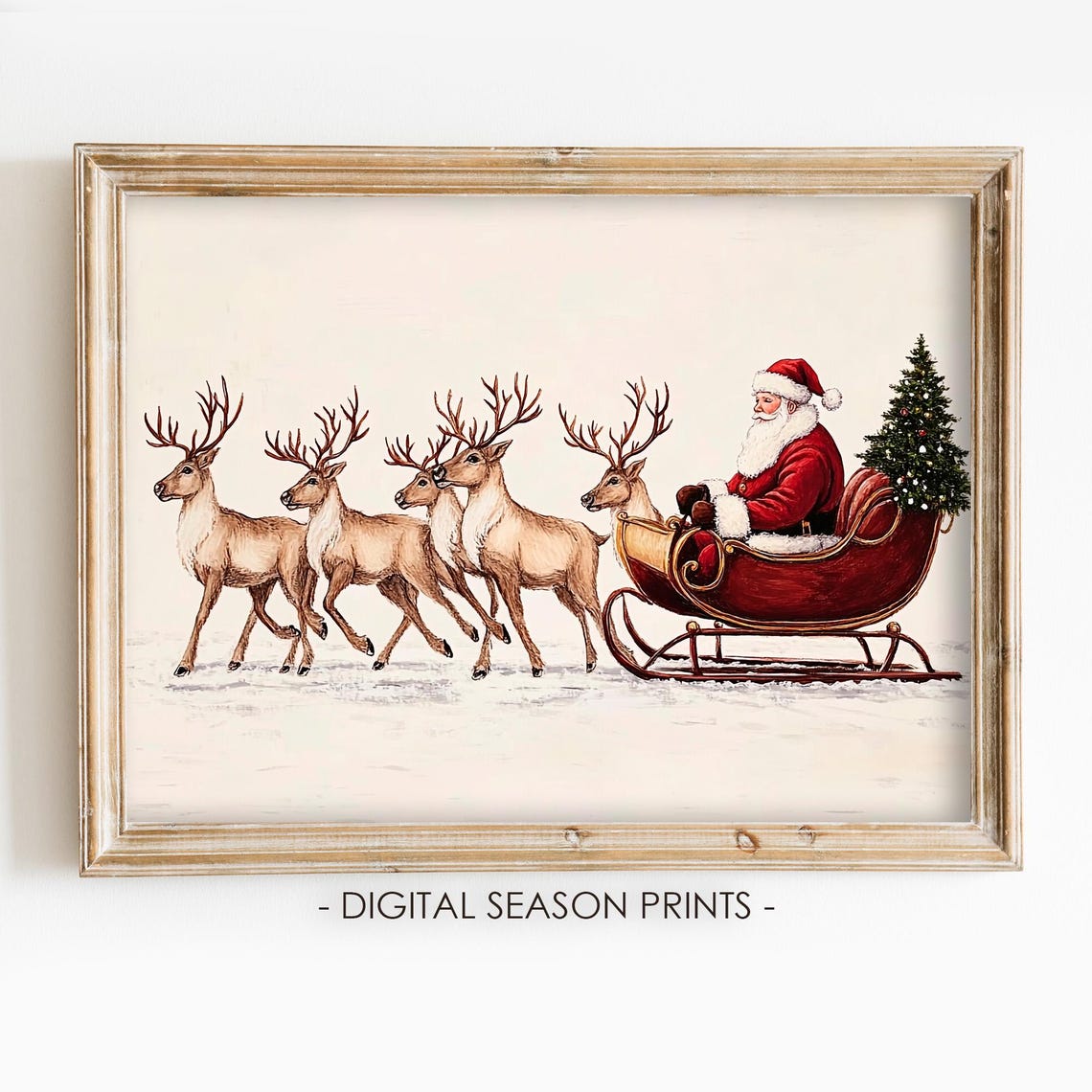 Santa Claus In Sleigh Pulled By Five Reindeer Christmas Eve Poster