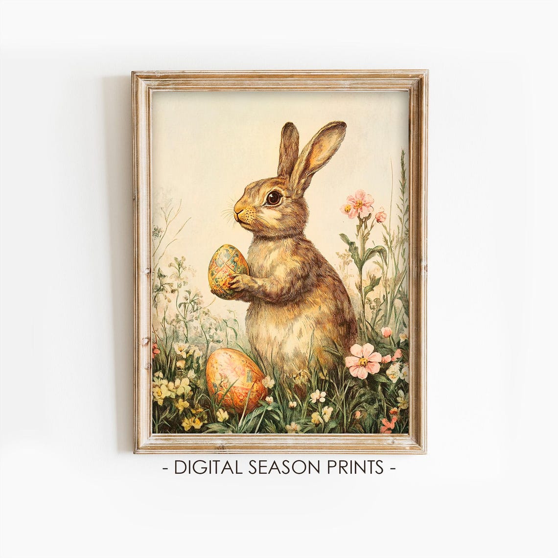 Easter Bunny Holding Painted Egg Among Spring Wildflowers Poster