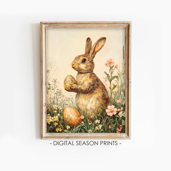 Easter Bunny Holding Painted Egg Among Spring Wildflowers Poster